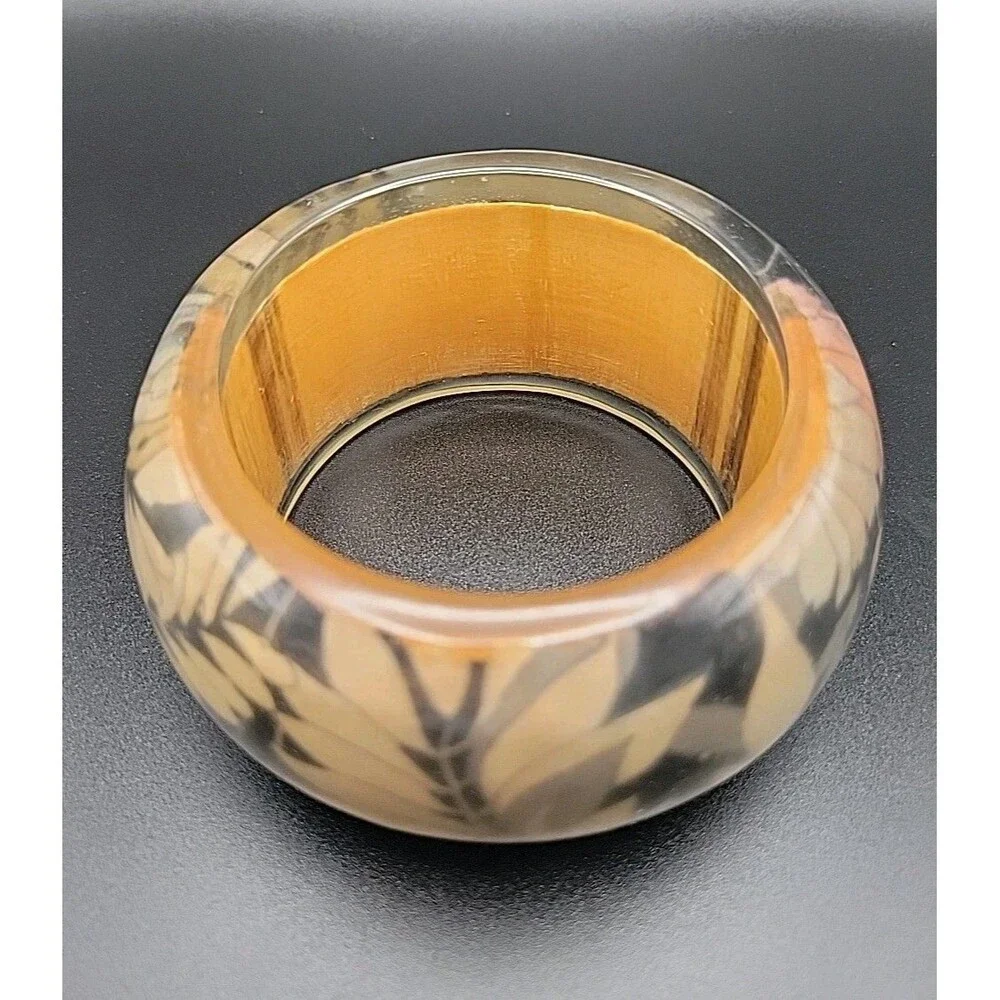 Vintage Chunky Bangle Bracelet Lot 3 Pink Tiger Lucite Carved Resin Wood Leaf